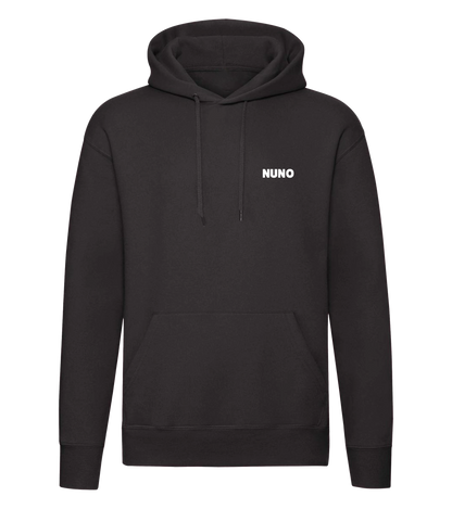 Schwarzer Nuno Hoodie in Frontansicht mit schlichtem Logo-Aufdruck auf der Brust – gemütlich und stylisch für Fans.