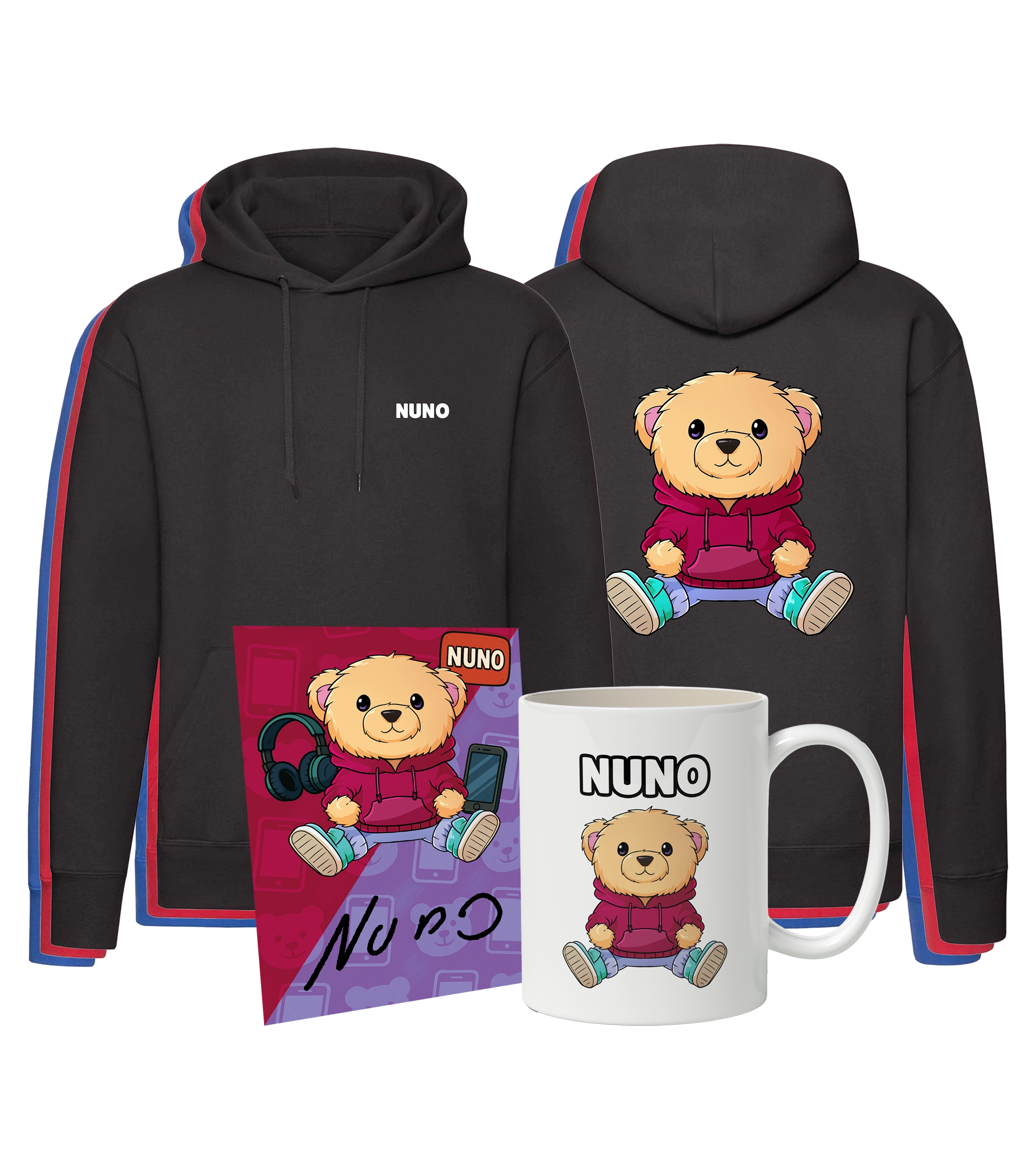 Nuno Fan-Bundle mit Hoodie, Tasse und Autogrammkarte im Bärchen-Design – perfektes Geschenk für echte Supporter.