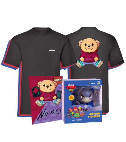 Nuno Merch Bundle mit Shirt, Autogrammkarte und Actionfigur – ideales Geschenkpaket für die Community.
