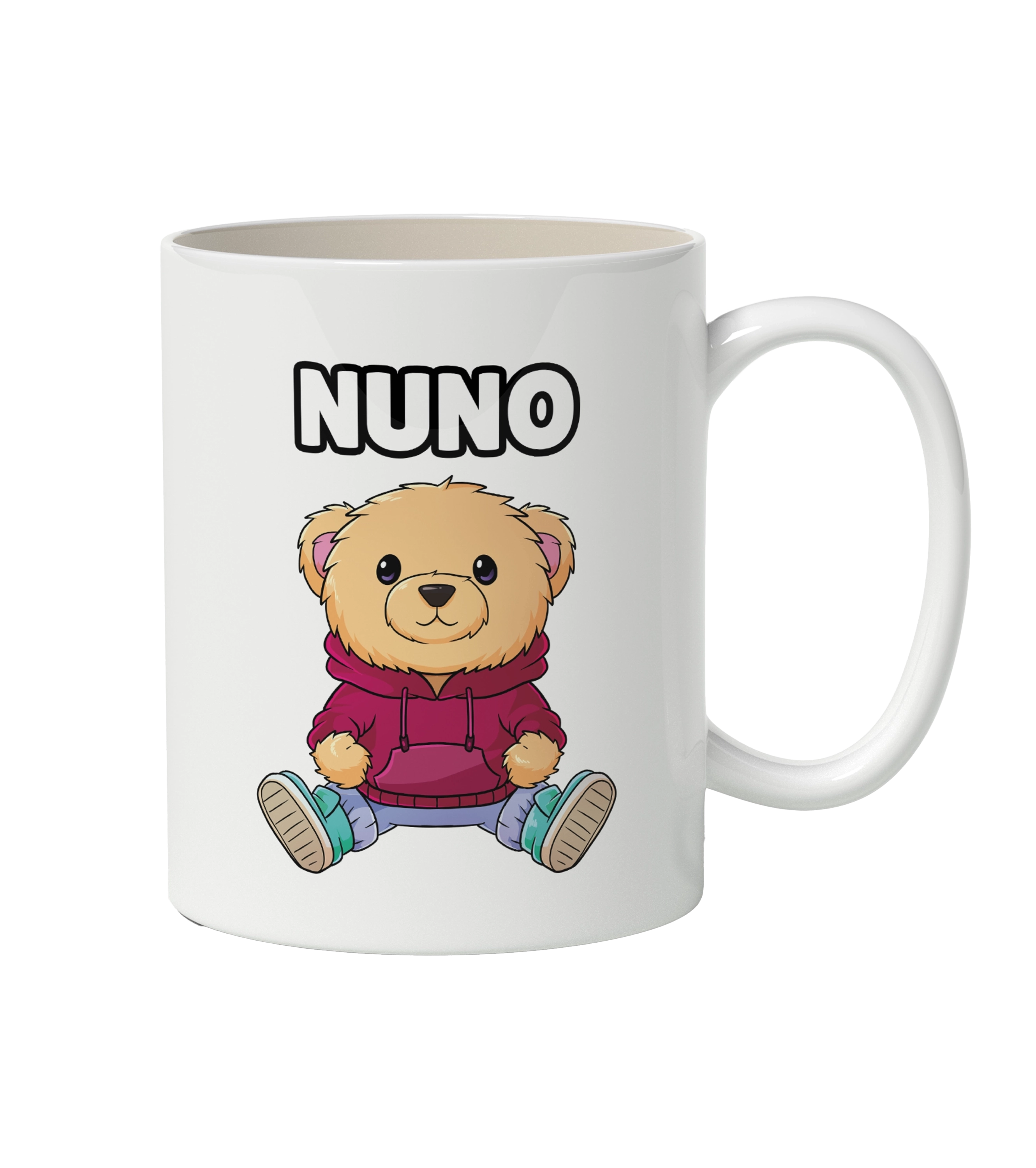 Weiße Nuno Keramiktasse mit süßem Bärchen im roten Hoodie – perfektes Fanprodukt für die Community.