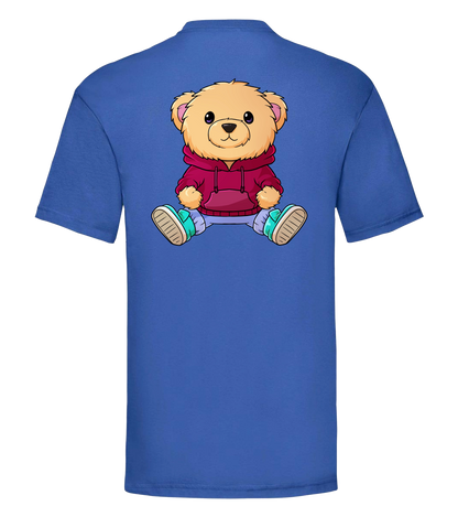Rückseite des blauen Nuno T-Shirts mit großem Bärchenmotiv – kreativer Streetwear-Look für die Community.