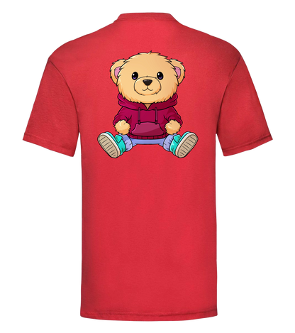 Rückseite des roten Nuno T-Shirts mit großem Bärchen im Hoodie – verspieltes Design für die Community.