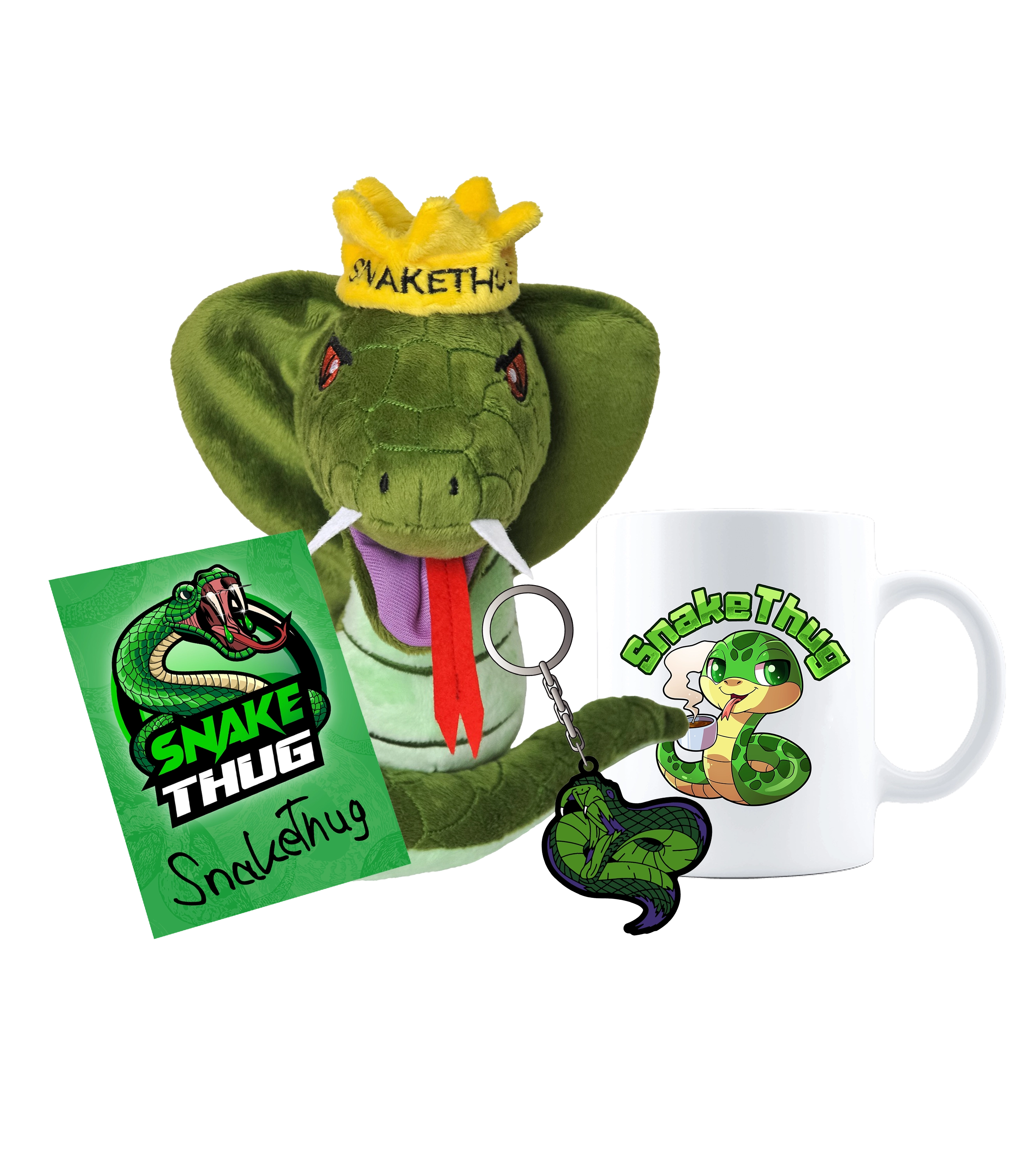 SnakeThug Fan-Bundle mit Plüschtier, Tasse, Schlüsselanhänger und Autogrammkarte – ideales Geschenkpaket.