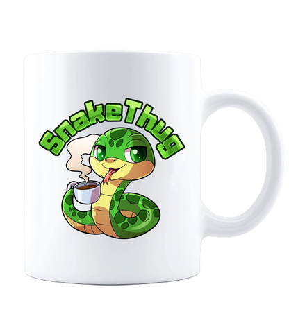 Weiße SnakeThug Tasse mit süßem Cartoon-Schlangenmotiv – perfekt für Kaffee, Tee und Fans.