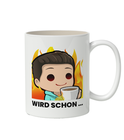 Weisse Tasse mit lustigem Cartoon Motiv eines Mannes mit Kaffee und Flammen Hintergrund sowie Aufschrift Wird Schon – robuste Keramik Tasse ideal fuer Alltag und Buero